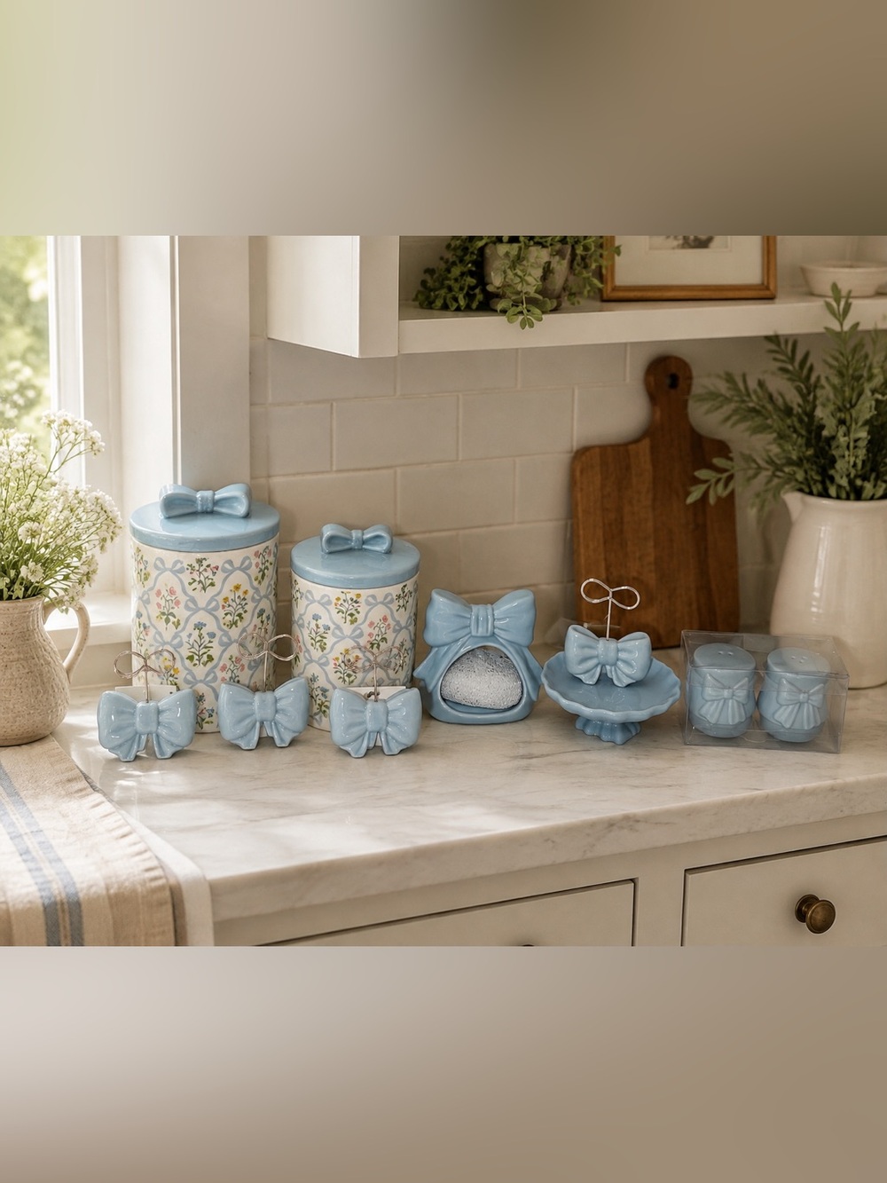 kitchen decor lot Blue bow ceramic coquette cottagecore with canister set + more